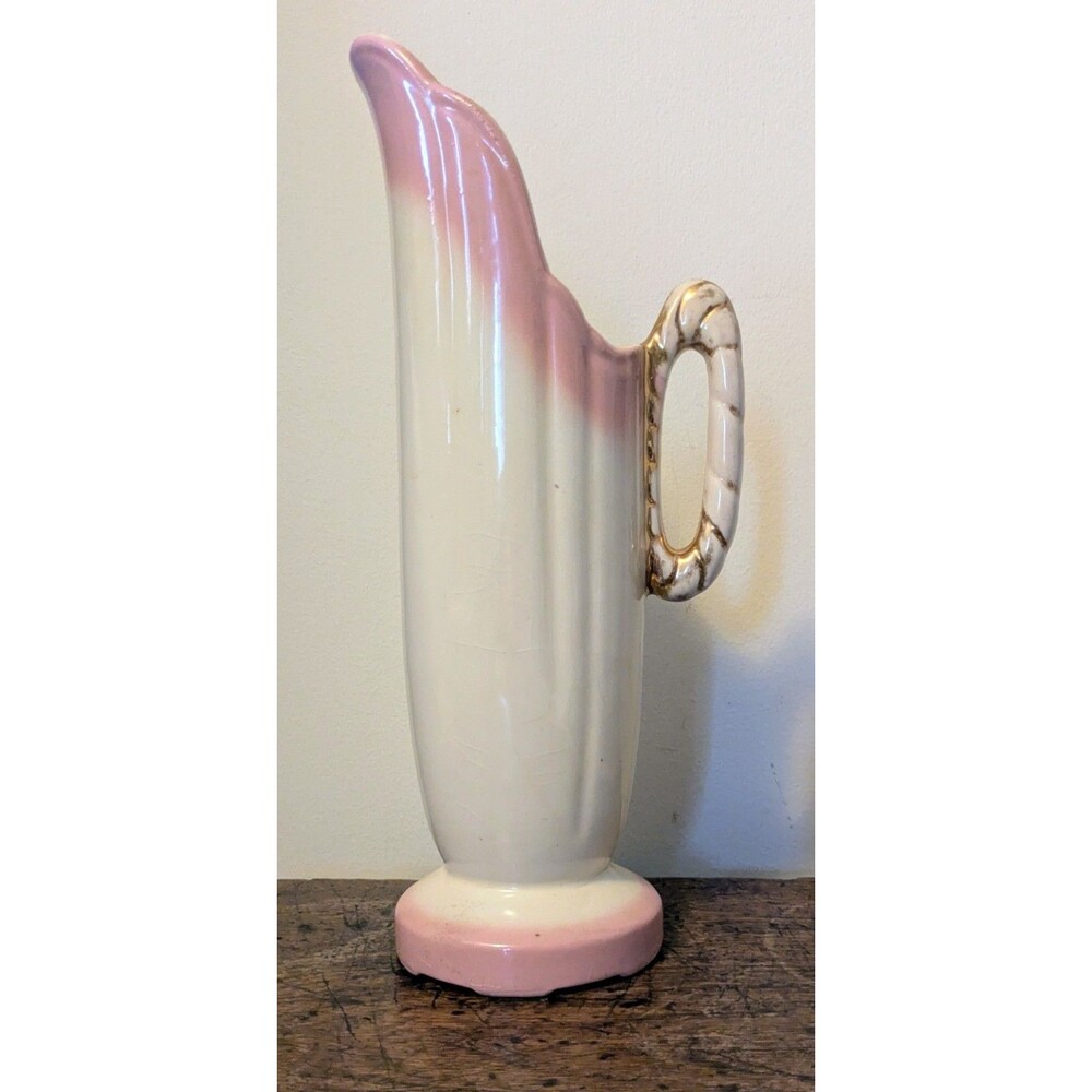 Vintage Pink White Ceramic Ewer Pitcher Vase Gold Rope Handle 12 Inch 1950s